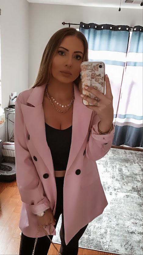 pink blazer outfit with black top